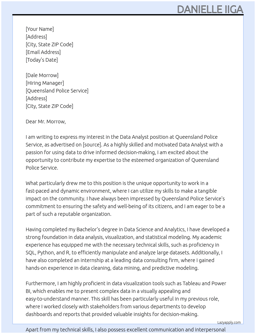 Data Analyst At Queensland Police Service Cover Letter