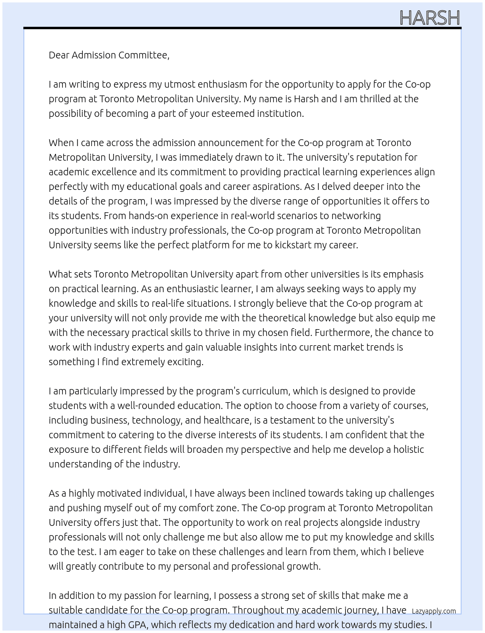 Admission into Coop program  At Toronto metropolitan university Cover Letter