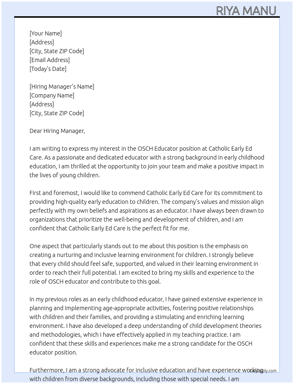 OSCH educator  At Catholic Early Ed care Cover Letter