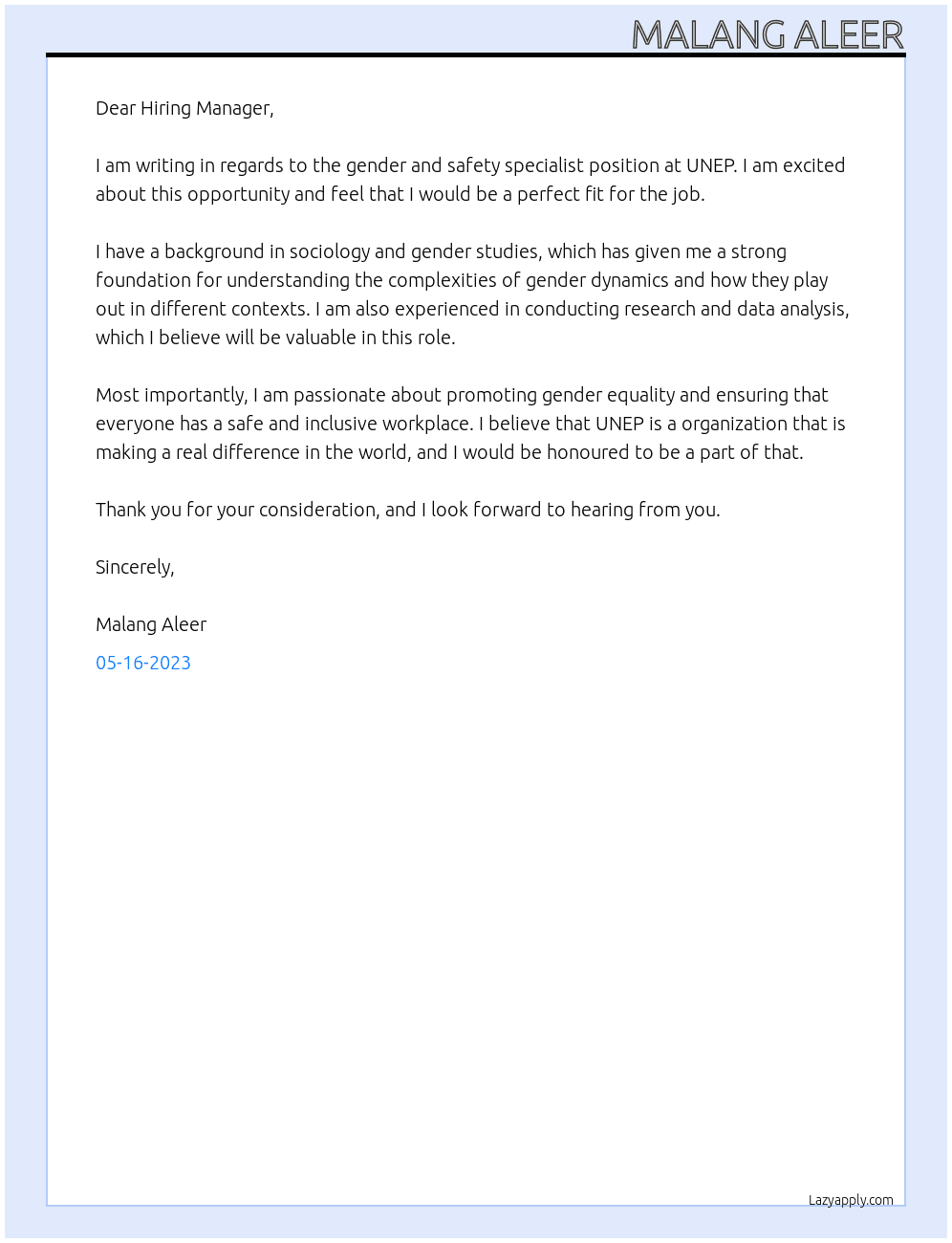 gender and safety specialist At UNEP Cover Letter