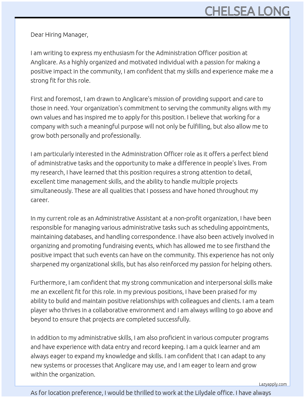 Administration officer At Anglicare Cover Letter