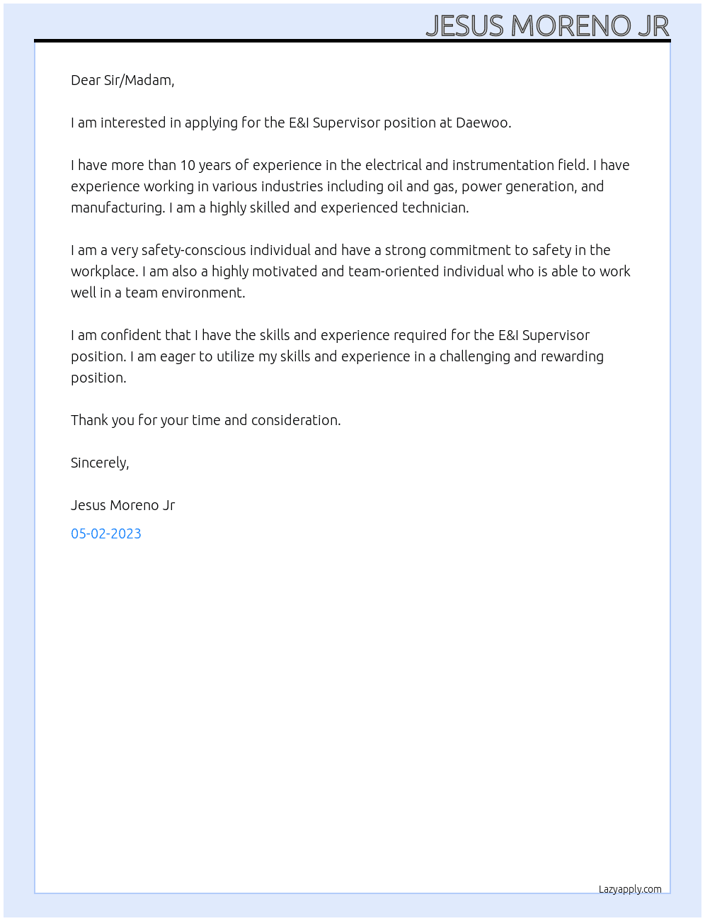 E&I Supervisor At Daewoo Cover Letter