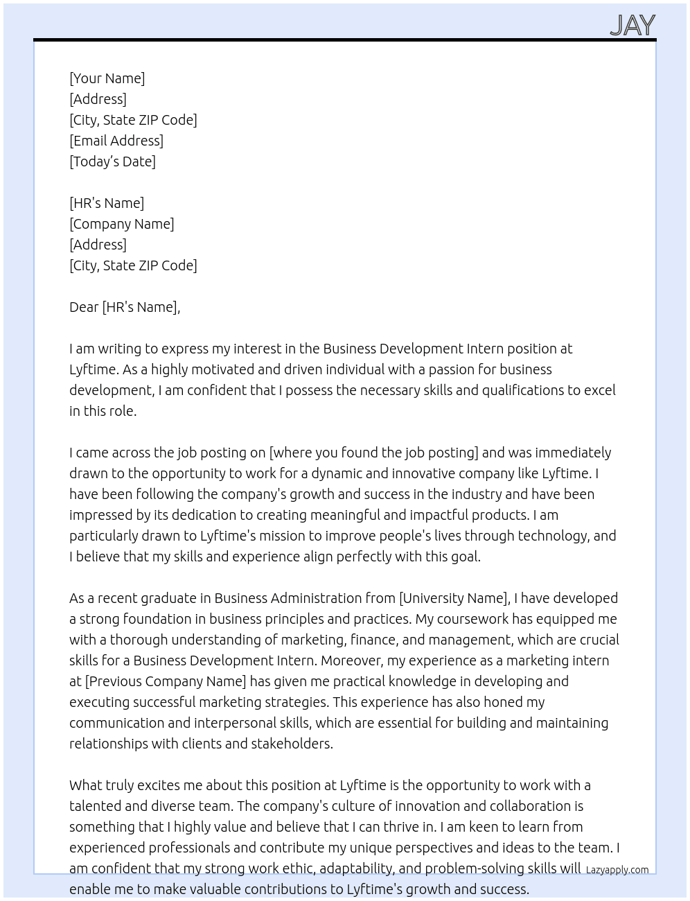 Business Development Intern At lyftime Cover Letter