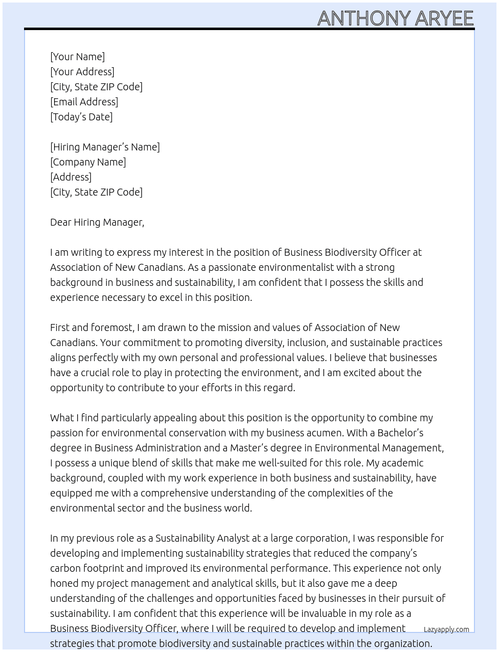 Business Biodiversity Officer At Association of New Canadians Cover Letter