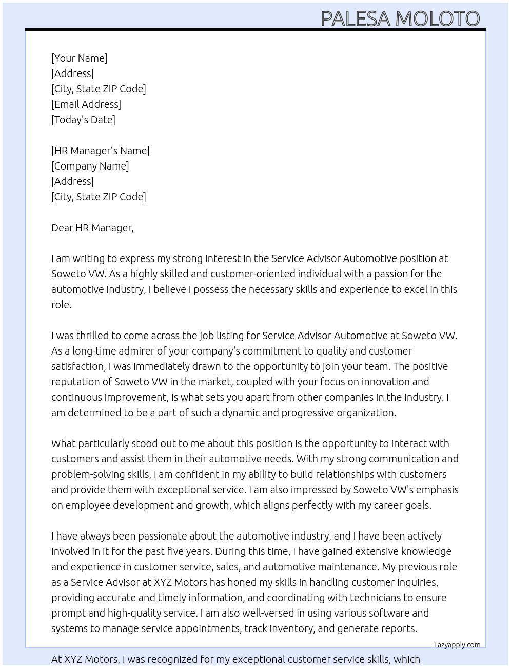 Cover letter for service advisor automotive - LazyApply