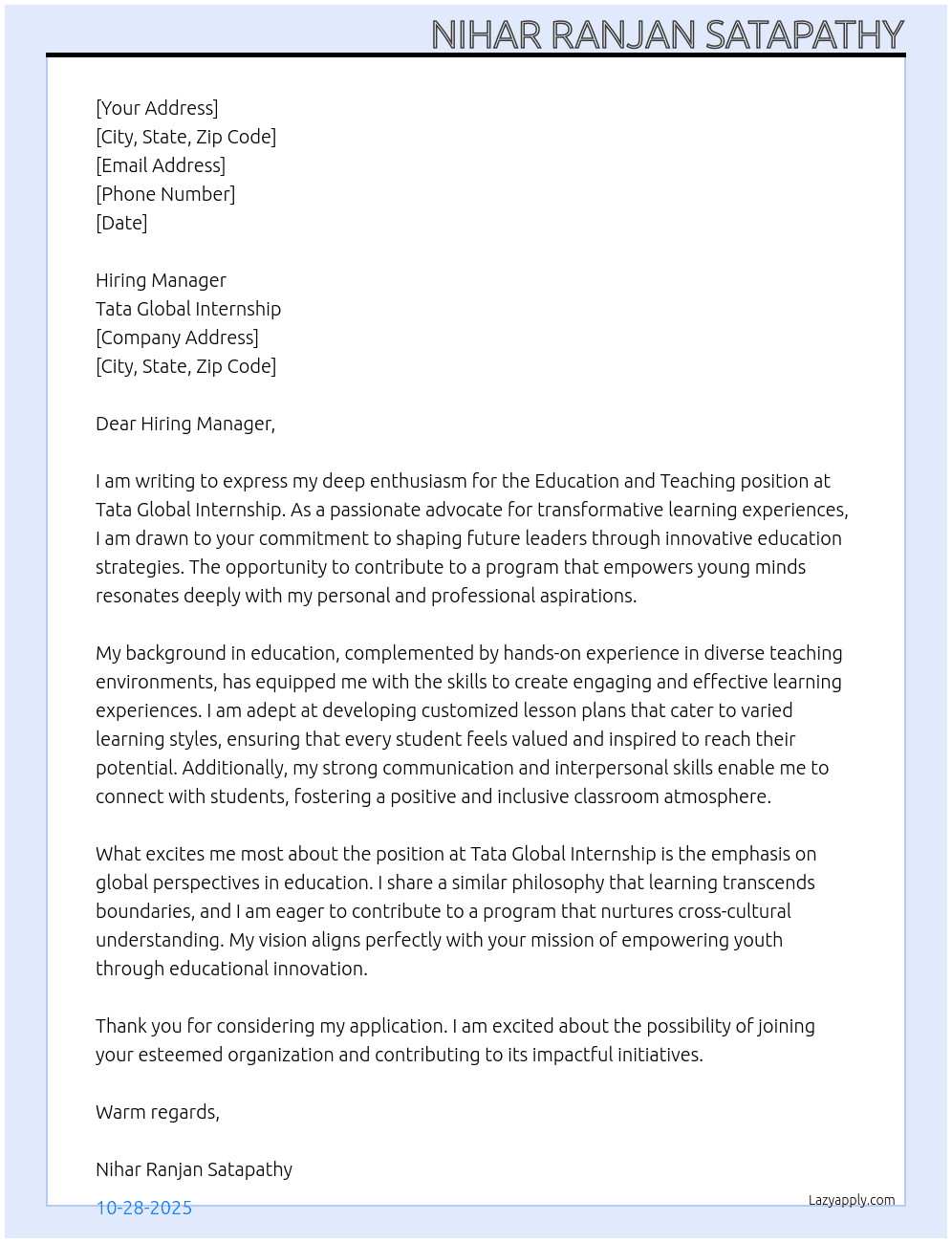 Education and teaching  At Tata global internship  Cover Letter