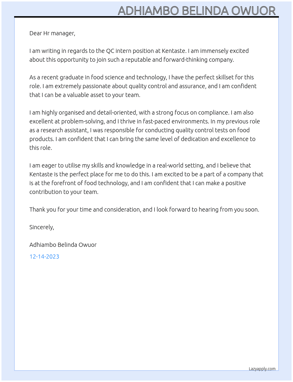 QC intern At Kentaste Cover Letter