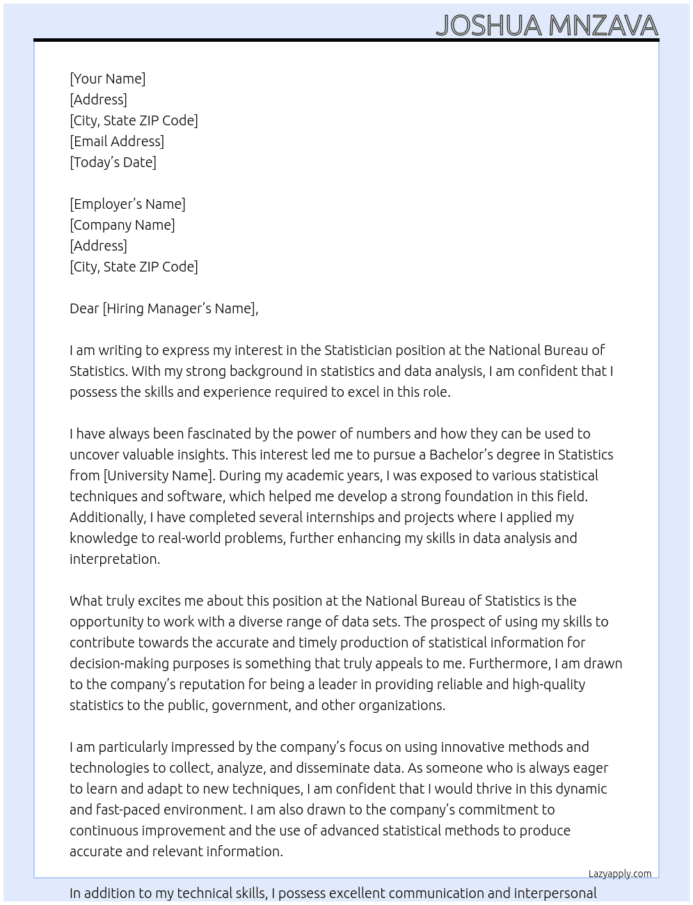 STATISTICIAN At National Bureau of Statistics  Cover Letter