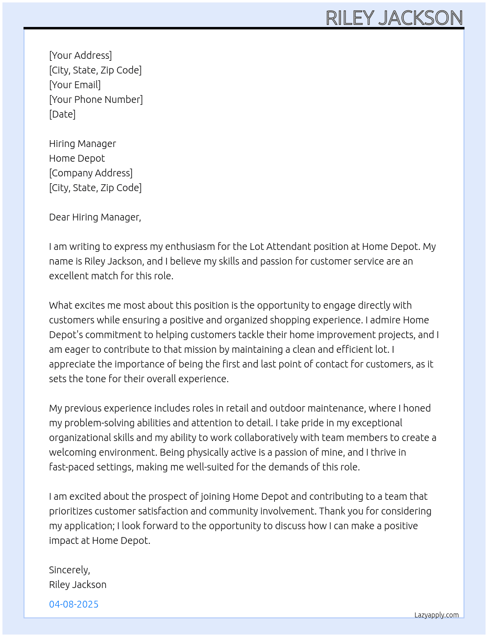Lot attendant At Home Depo Cover Letter