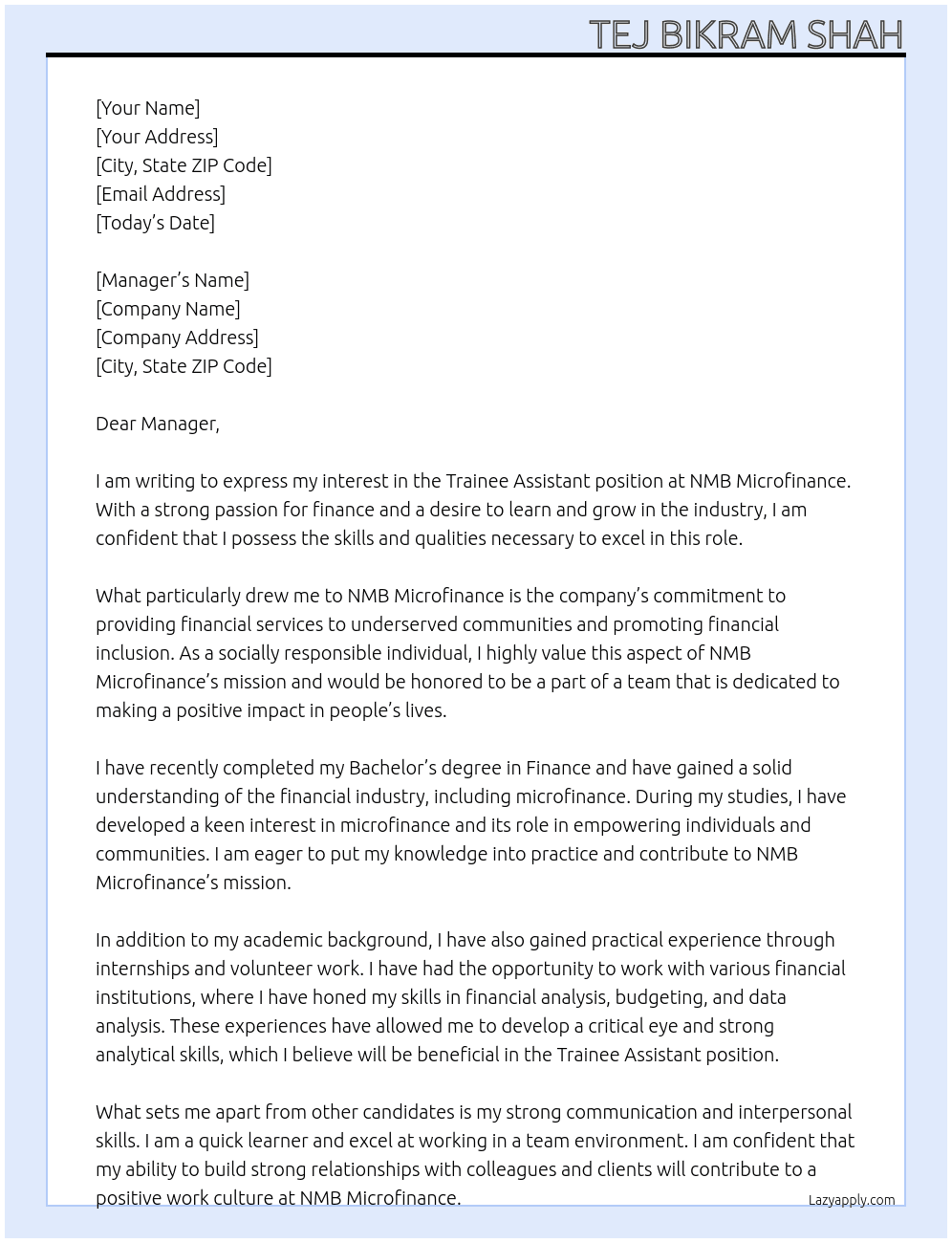 Trainee Assistant  At NMB Microfinance  Cover Letter