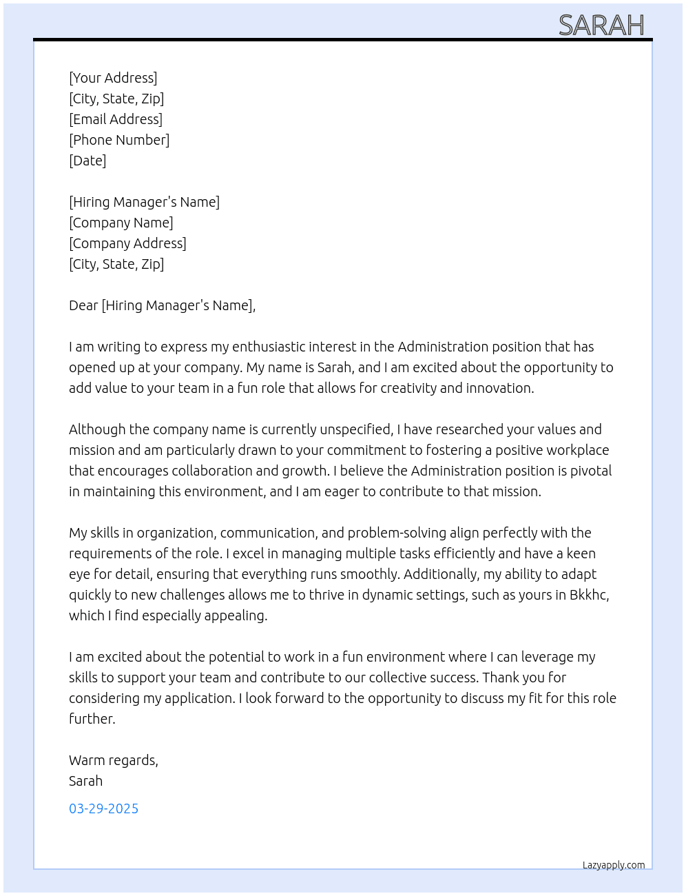 Administration  At Unsure  Cover Letter