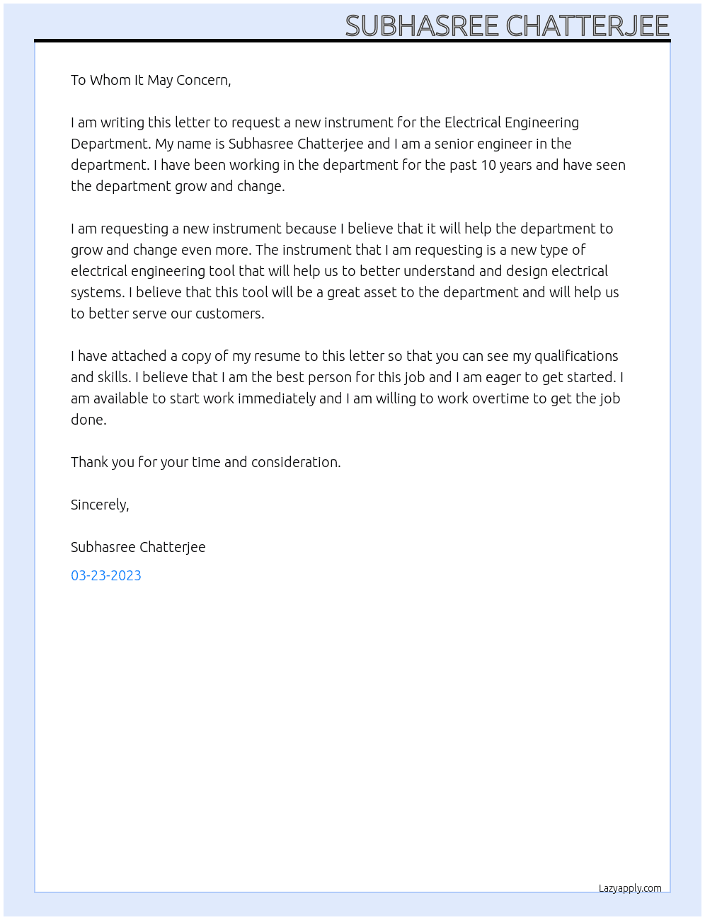 Requisition Letter for new instrument  At Electrical Engineering Department  Cover Letter