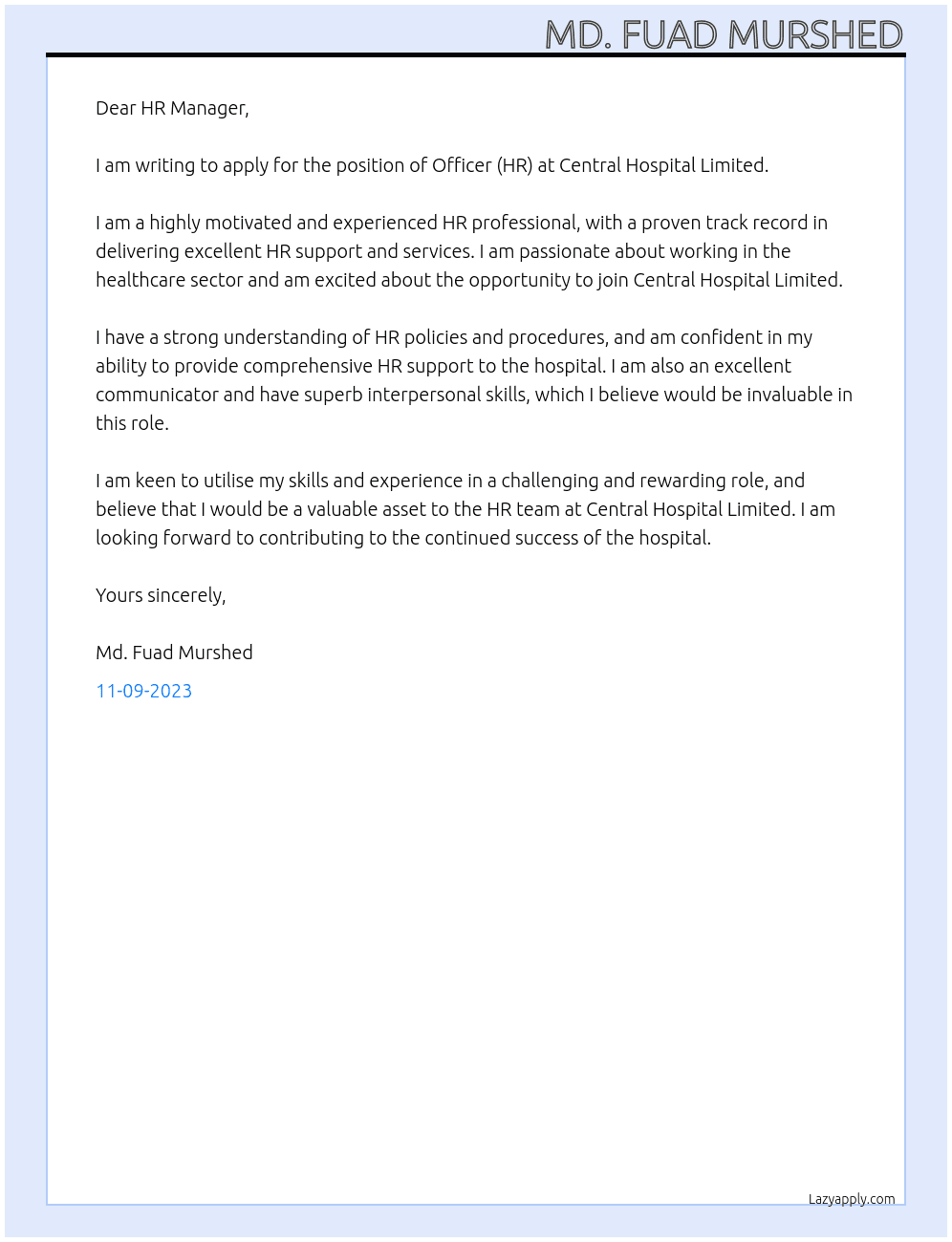 Officer (HR) At Central Hospital Limited Cover Letter