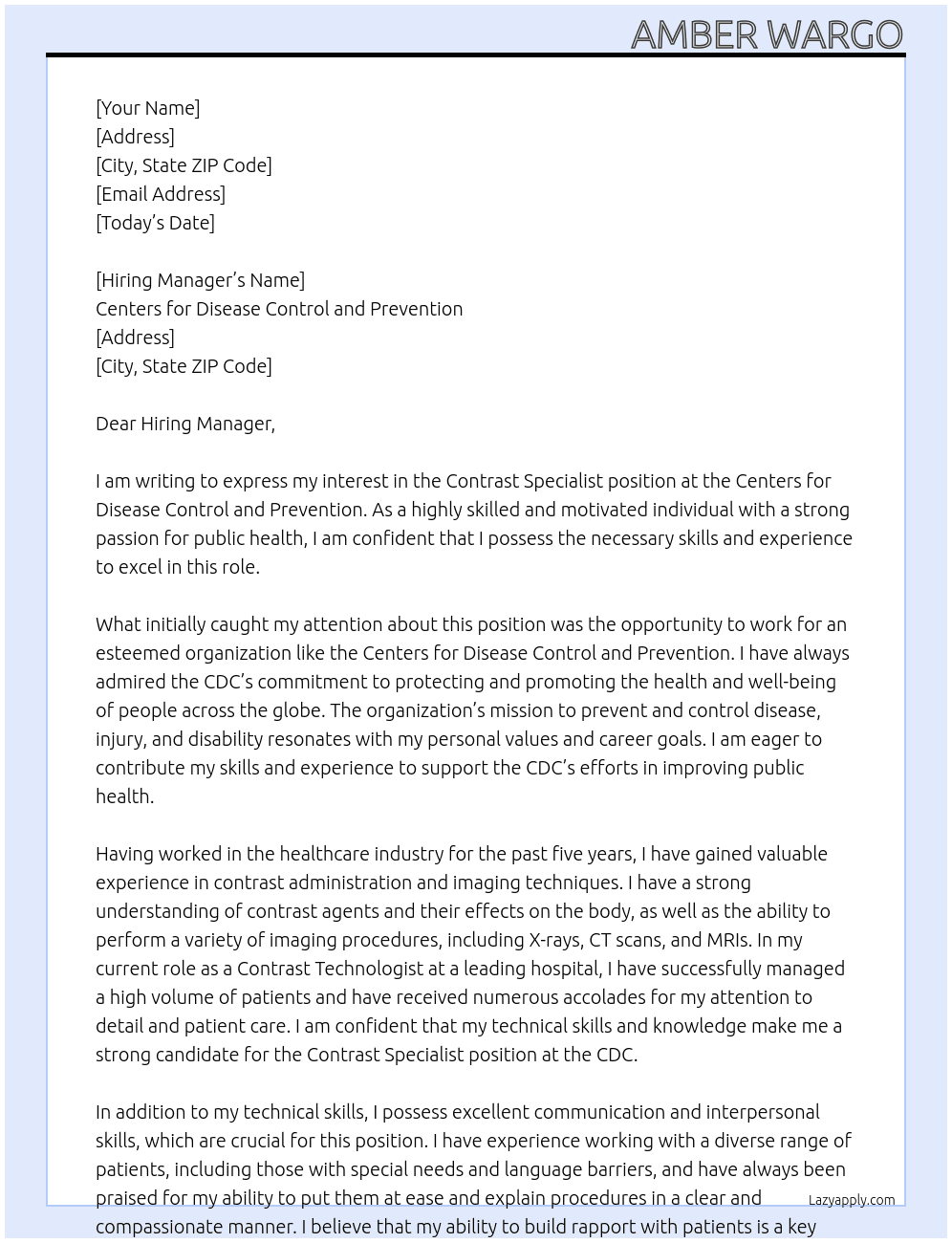 Contrast Specialist At Centers for Disease Control and Prevention Cover Letter