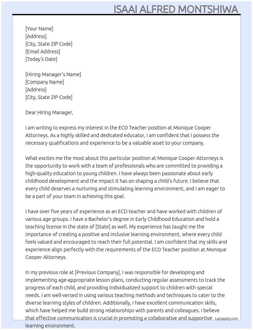 ECD Teacher At Monique Cooper Attorneys  Cover Letter