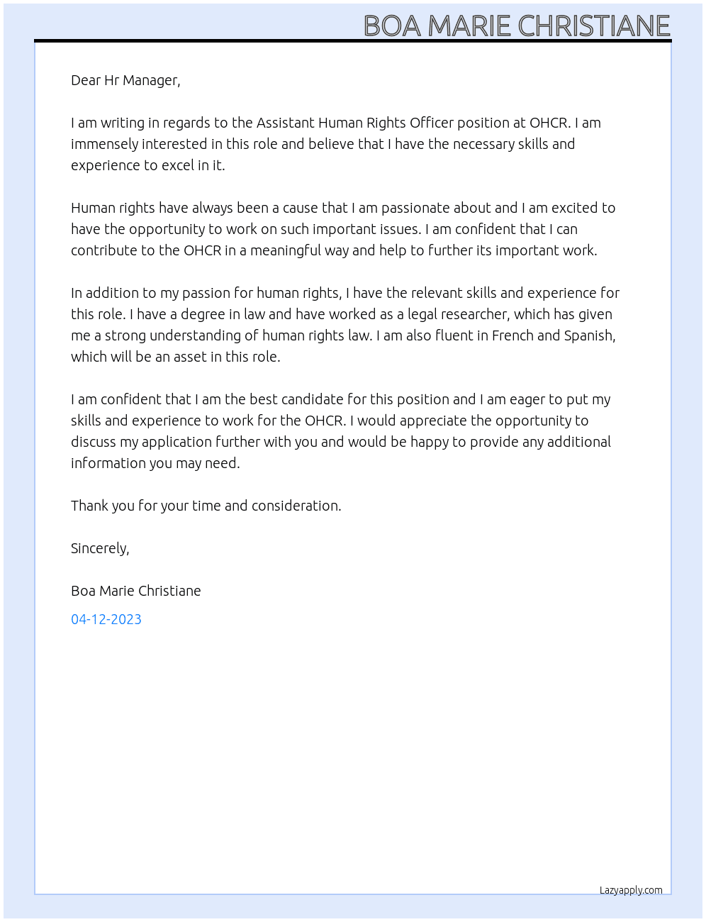  Assistant Human Rights Officer At OHCR Cover Letter
