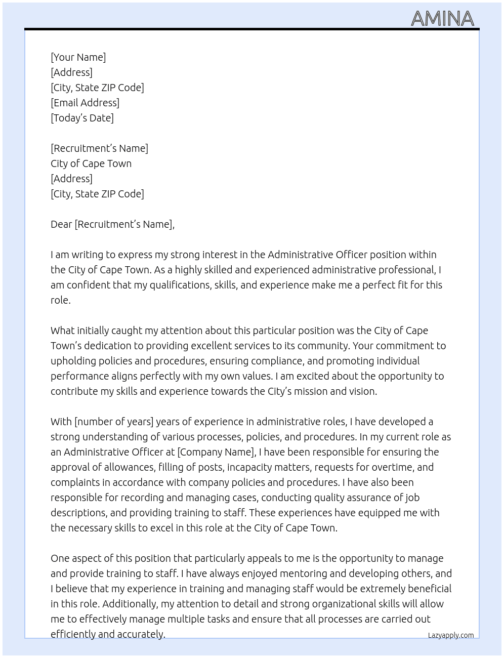 Administrative officer At City of cape town Cover Letter
