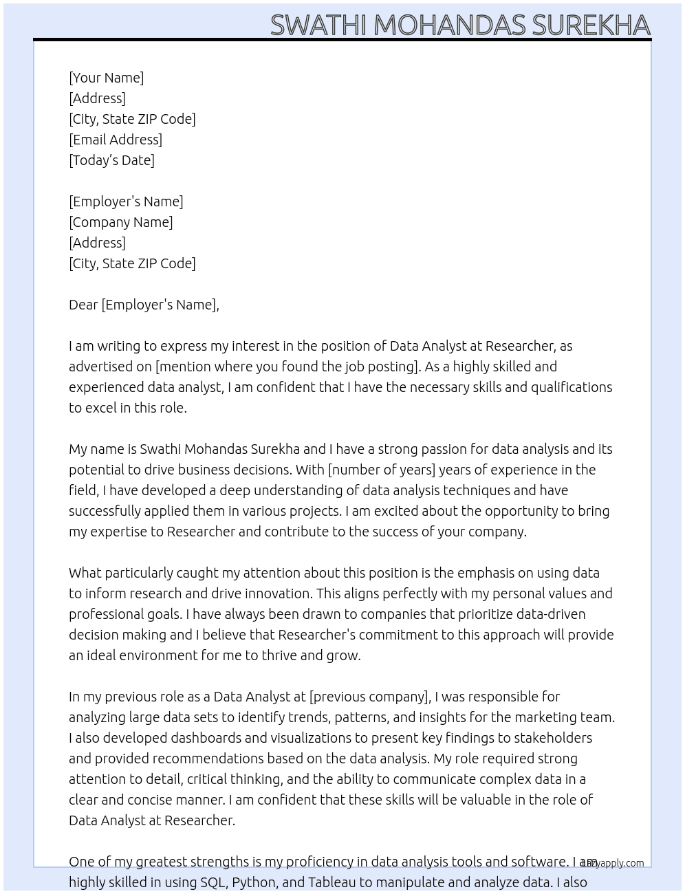 Data analyst  At Researcher Cover Letter