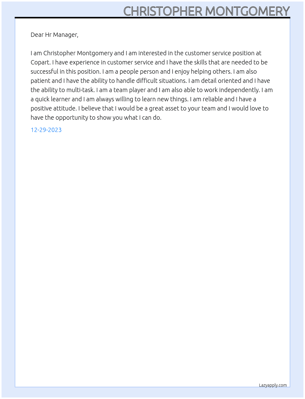customer service At Copart Cover Letter