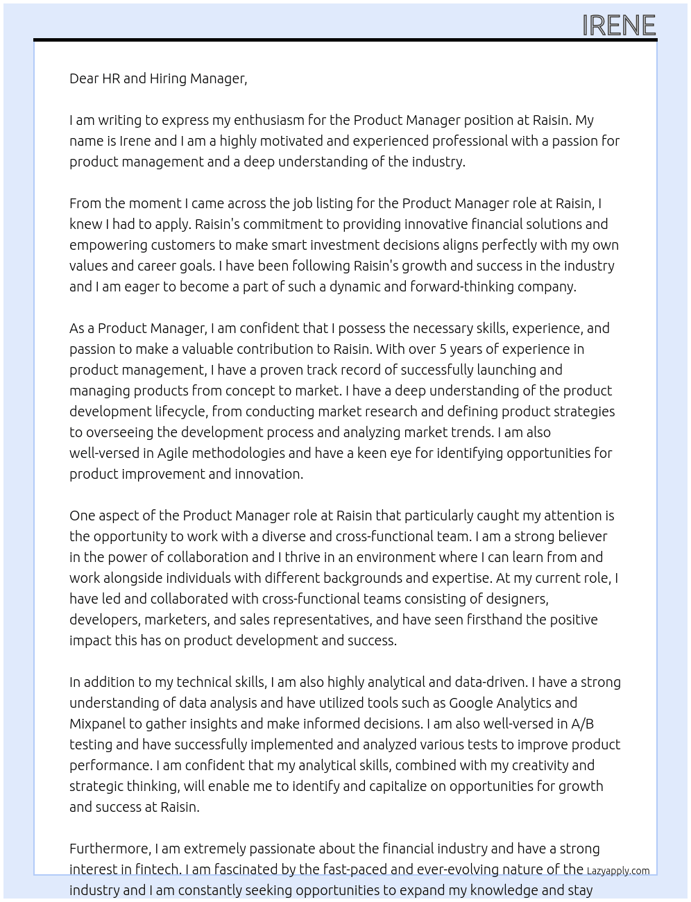 product manager At Raisin Cover Letter