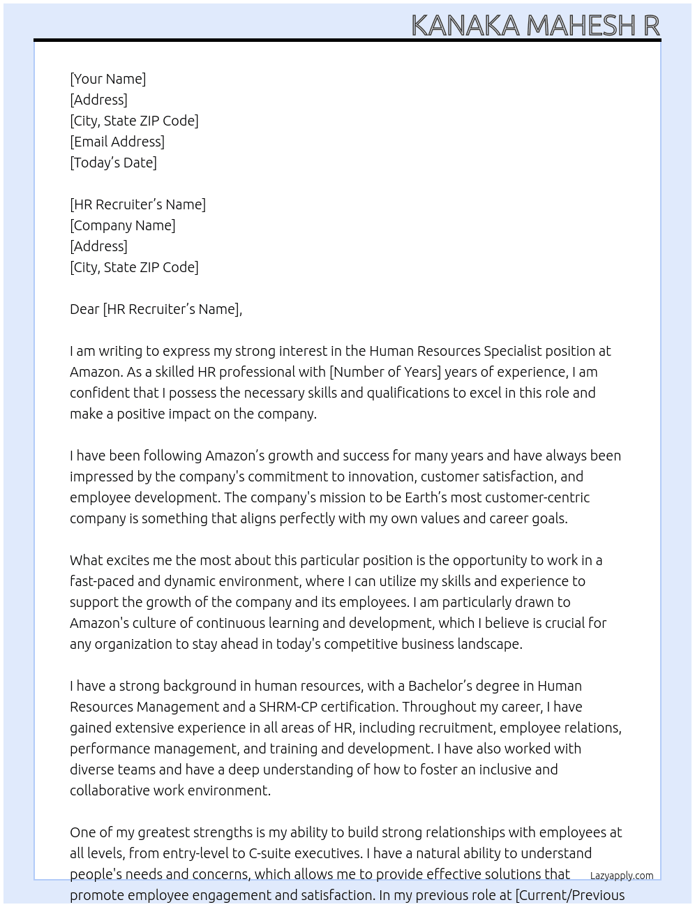 Human Resources Specialist At Amazon  Cover Letter
