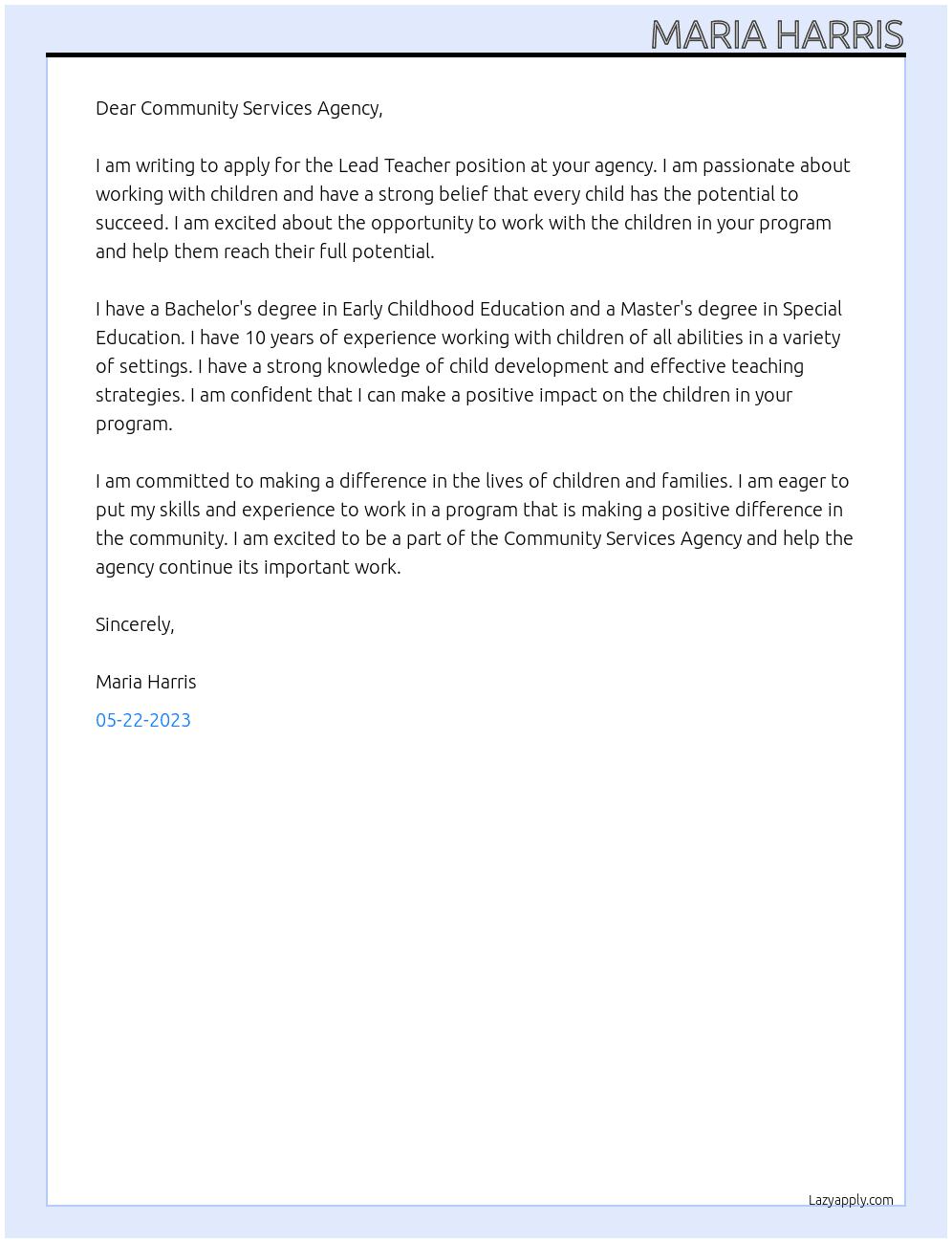 Lead Teacher At Community Services Agency Cover Letter