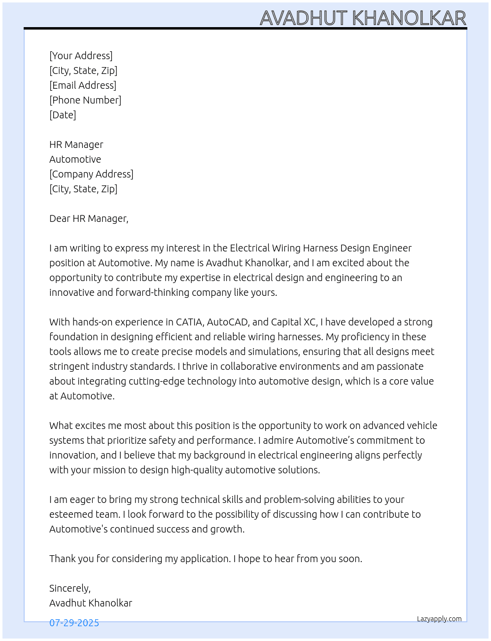 Cover letter for electrical wiring harness design engnieer - LazyApply