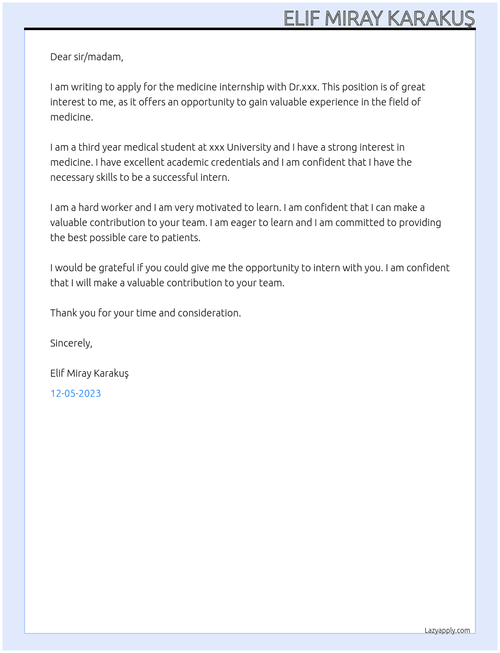 Medicine Srudent At dr.xxx Cover Letter