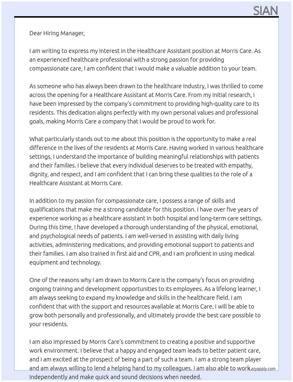 healthcare assistant At morris care Cover Letter