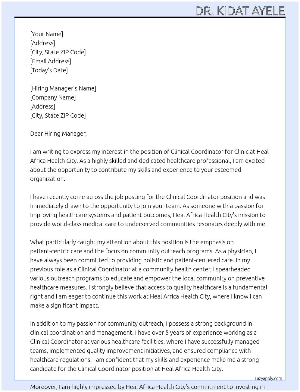 Clinical Coordinator for Clinic At Heal Africa Health City Cover Letter