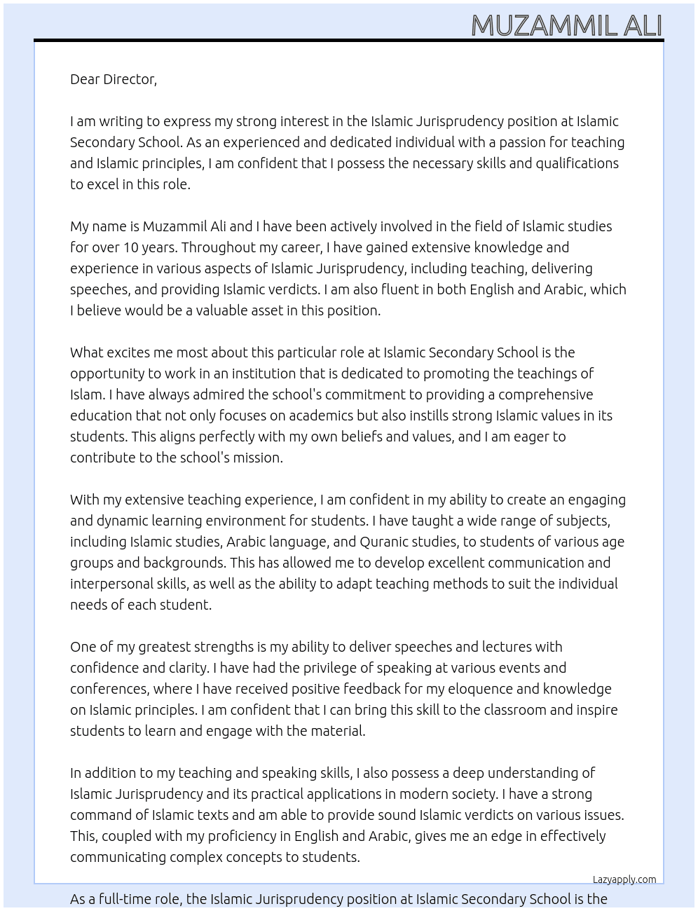 Islamic Jurisprudency At Islamic Secondary School Cover Letter