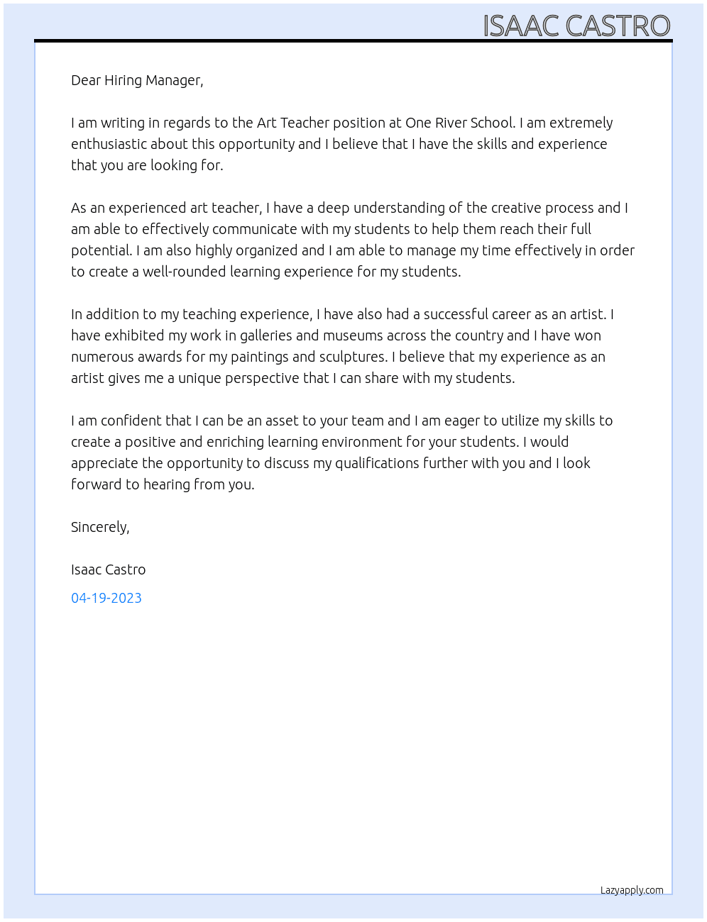 Art Teacher At One River School Cover Letter