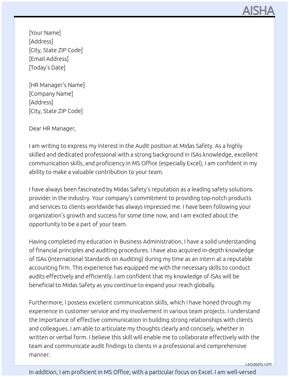 audit At Midas Safety Cover Letter