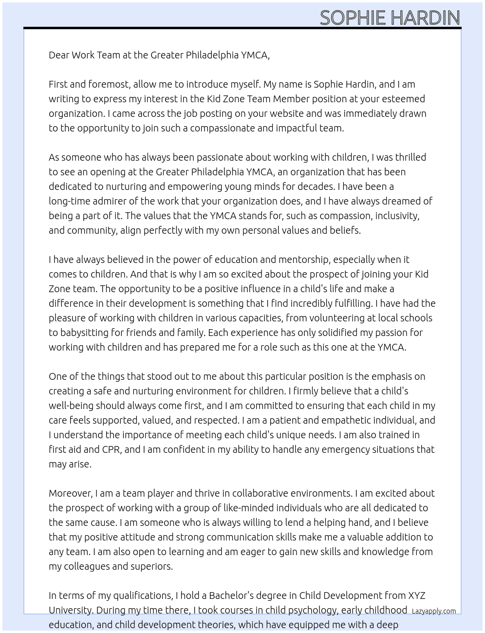 Kid Zone Team Member At Greater Philadelphia YMCA  Cover Letter