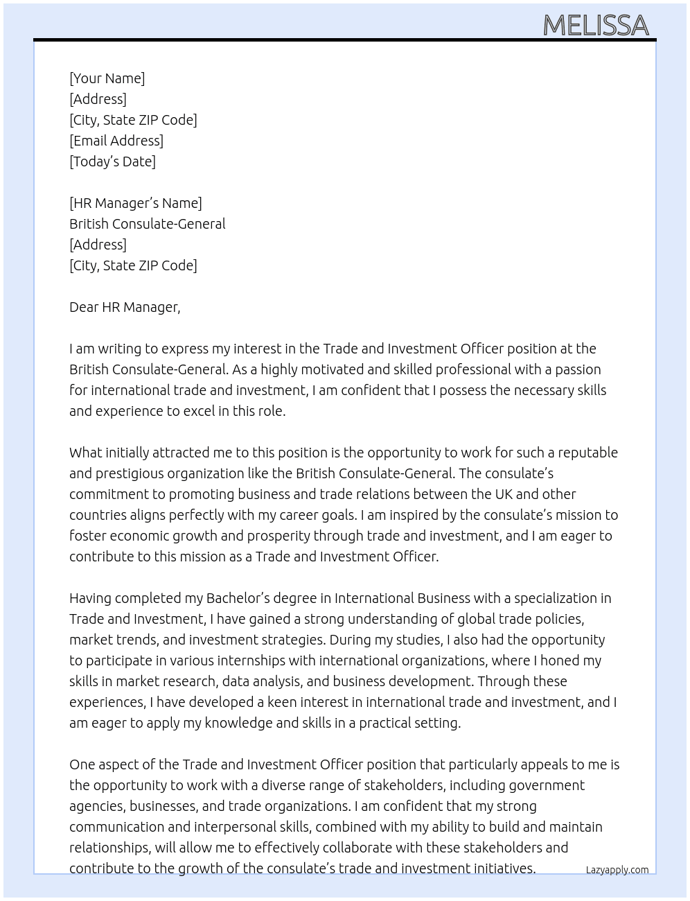 Trade and Investment Officer  At British Consulate-General  Cover Letter