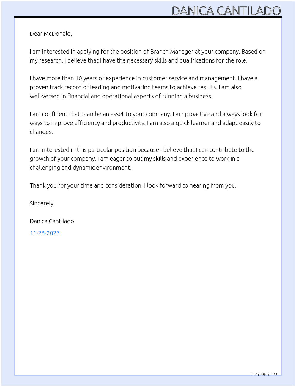 Branch Manager At McDonald Cover Letter