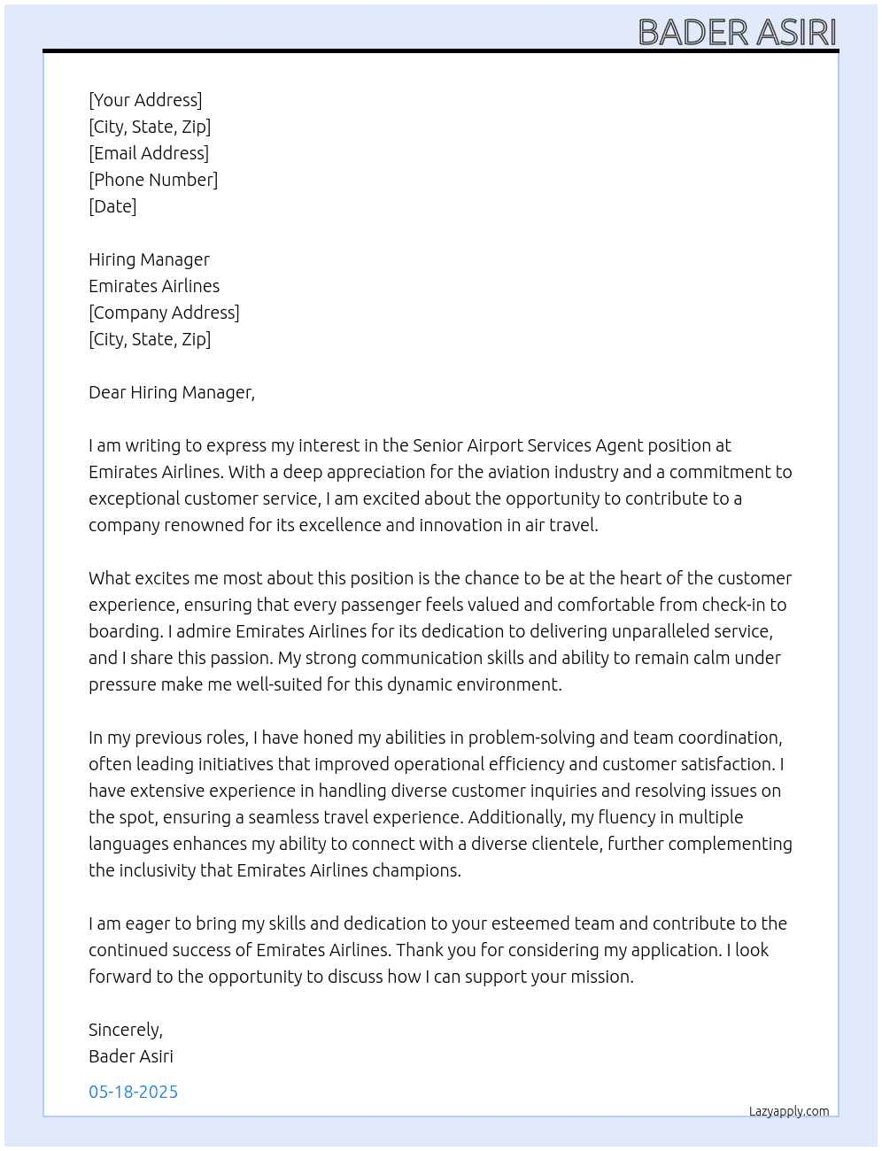 Cover letter for senior airport services agent - LazyApply