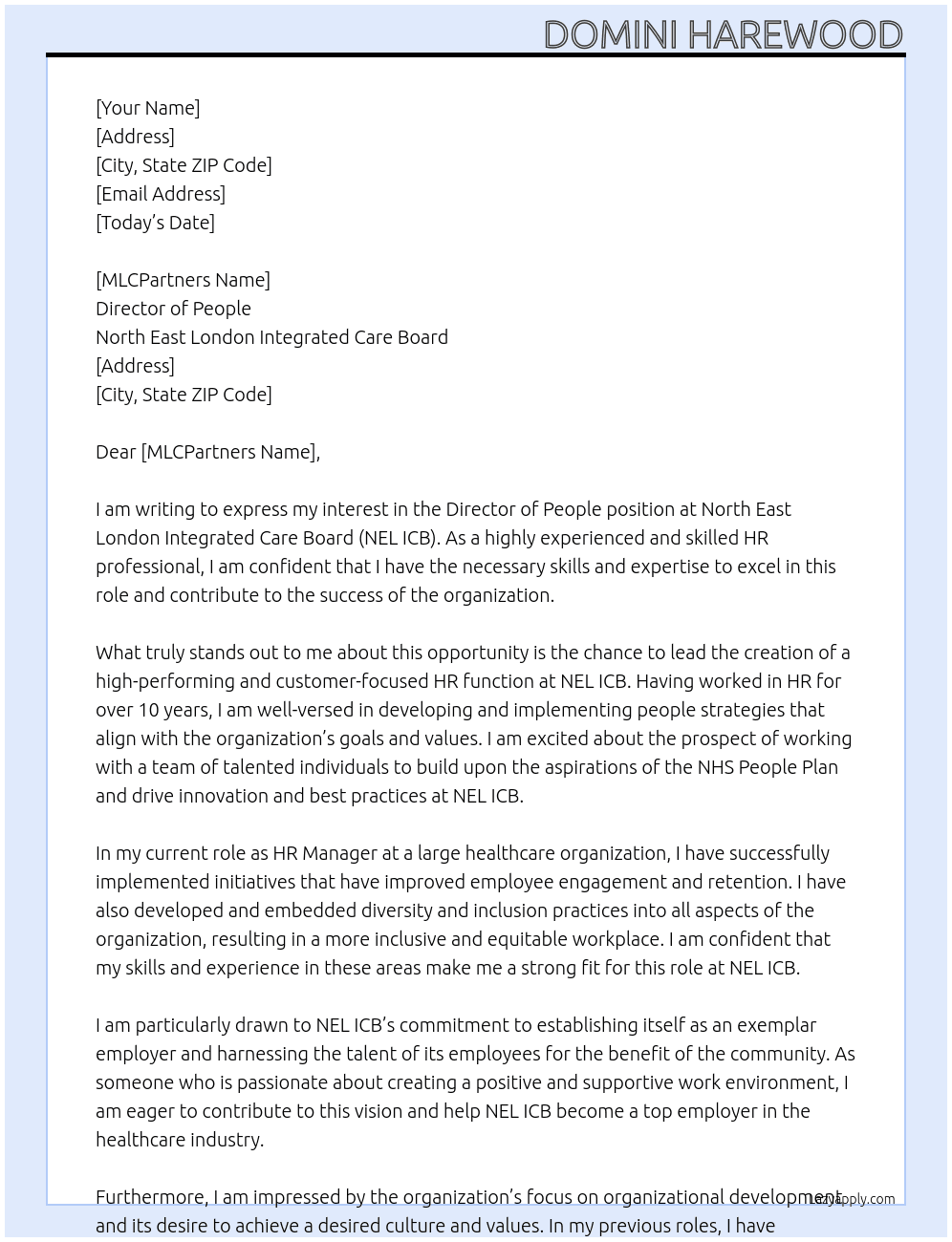 Director of People At North East London Integrated Care Board Cover Letter