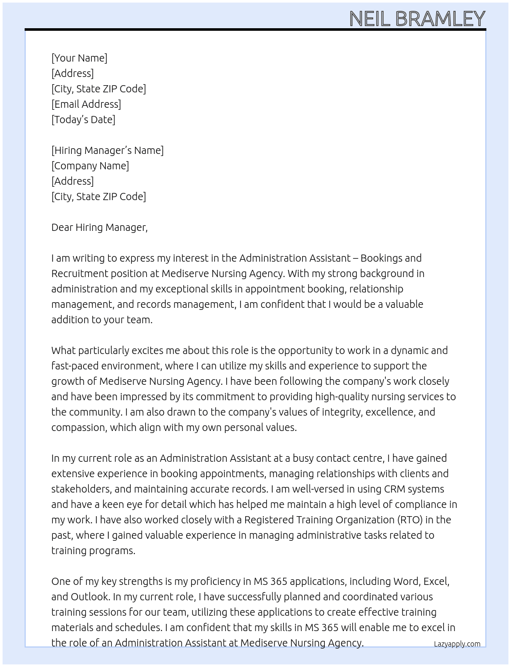 Administration Assistant - Bookings and Recruitment At Mediserve Nursing Agency Cover Letter