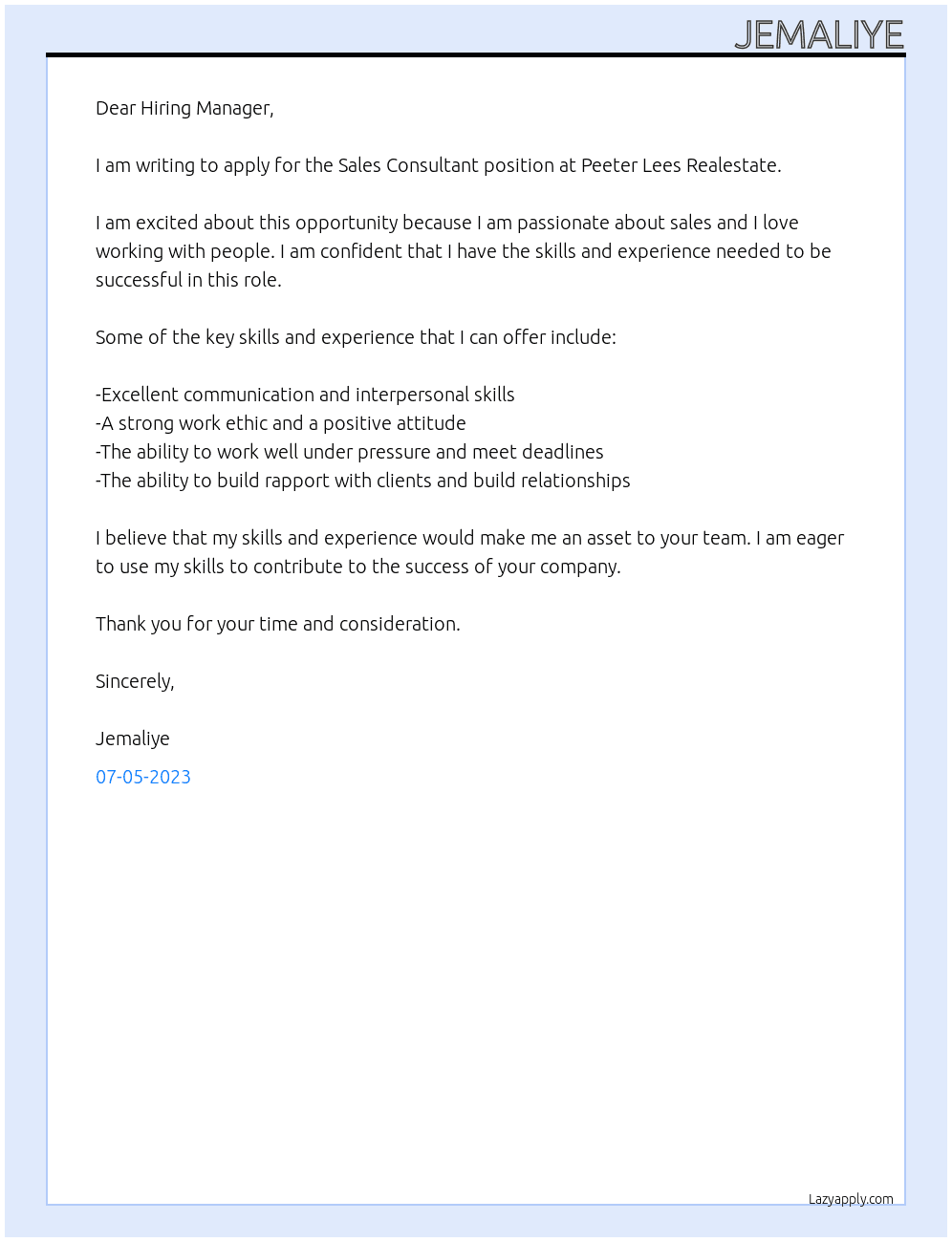 Sales consultant At Peeter Lees Realestate Cover Letter