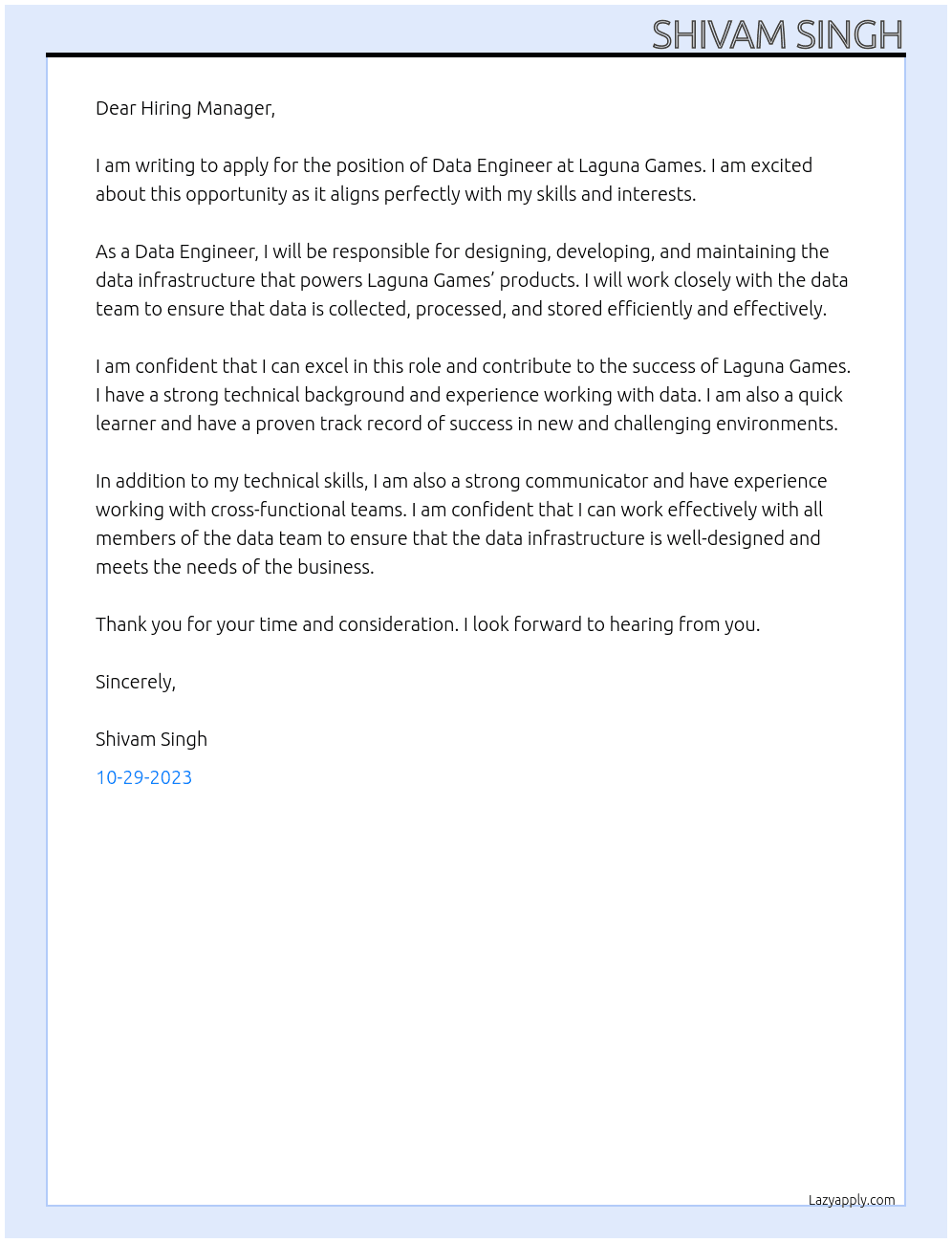 Data Engineer At Laguna Games Cover Letter