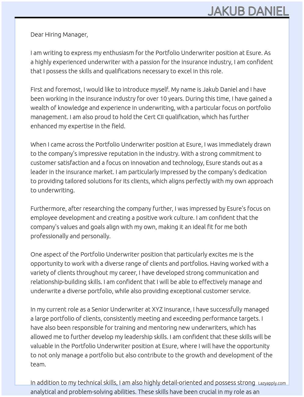 Portfolio underwriter  At Esure Cover Letter