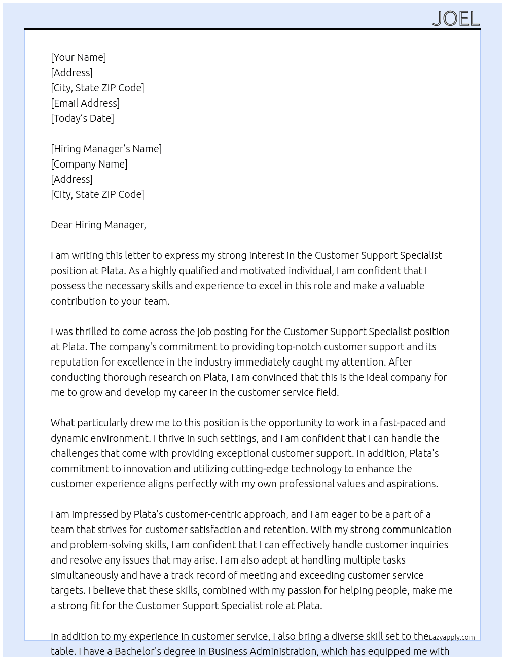 Customer Support Specialist At Plata Cover Letter