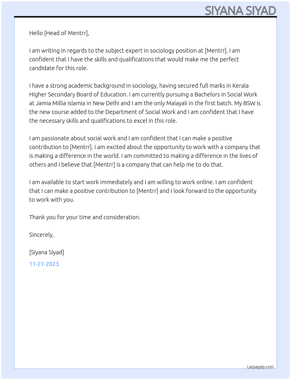 subject expert in sociology At mentrr Cover Letter
