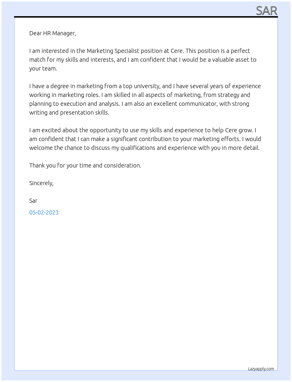 Marketing Specialist At Cere Cover Letter