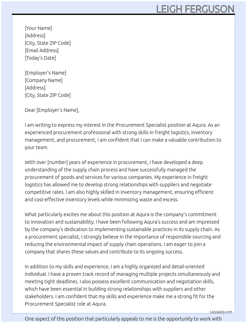 Procurement specialist At Aqura Cover Letter