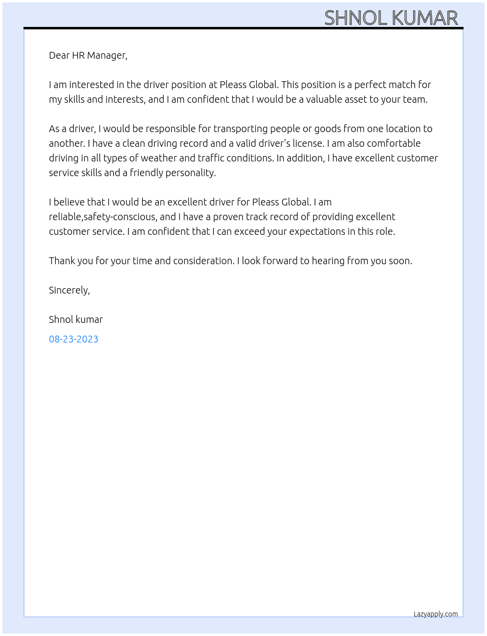 Driver At Pleass Global  Cover Letter