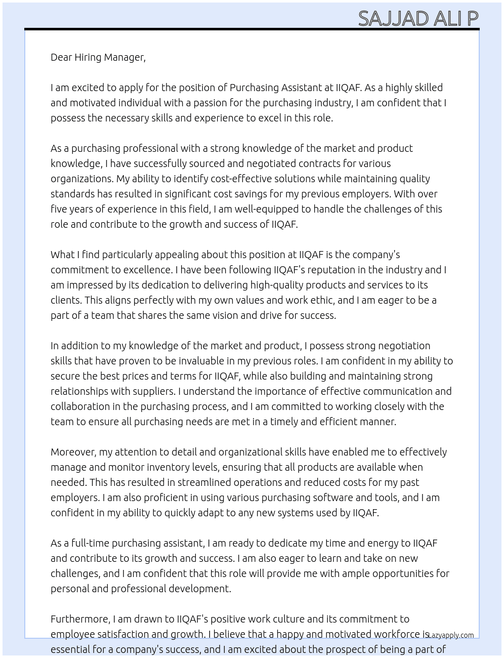 Purchasing Assistant At IIQAF Cover Letter