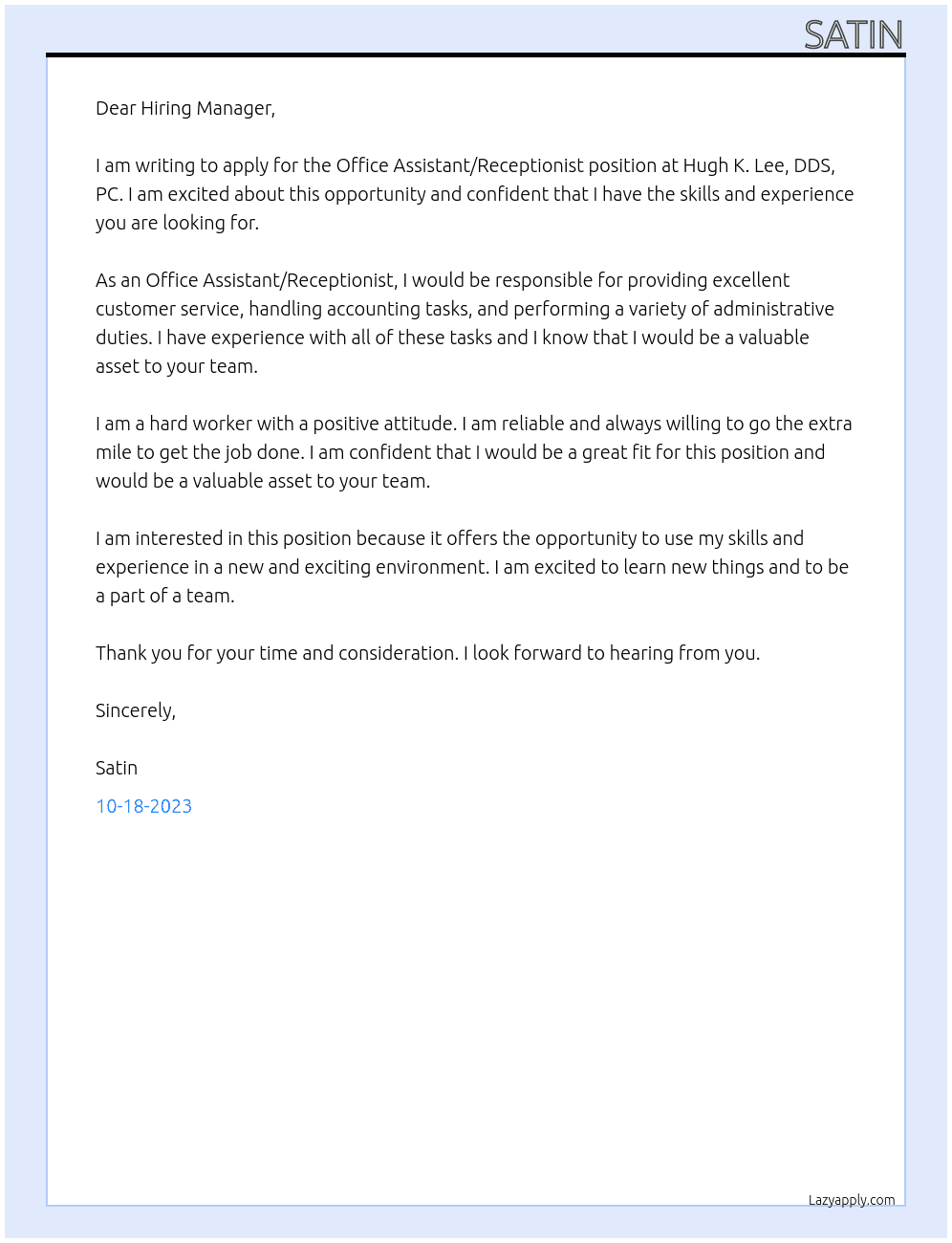 Office Assistant/ Receptionist  At Hugh K. Lee, DDS, PC Cover Letter
