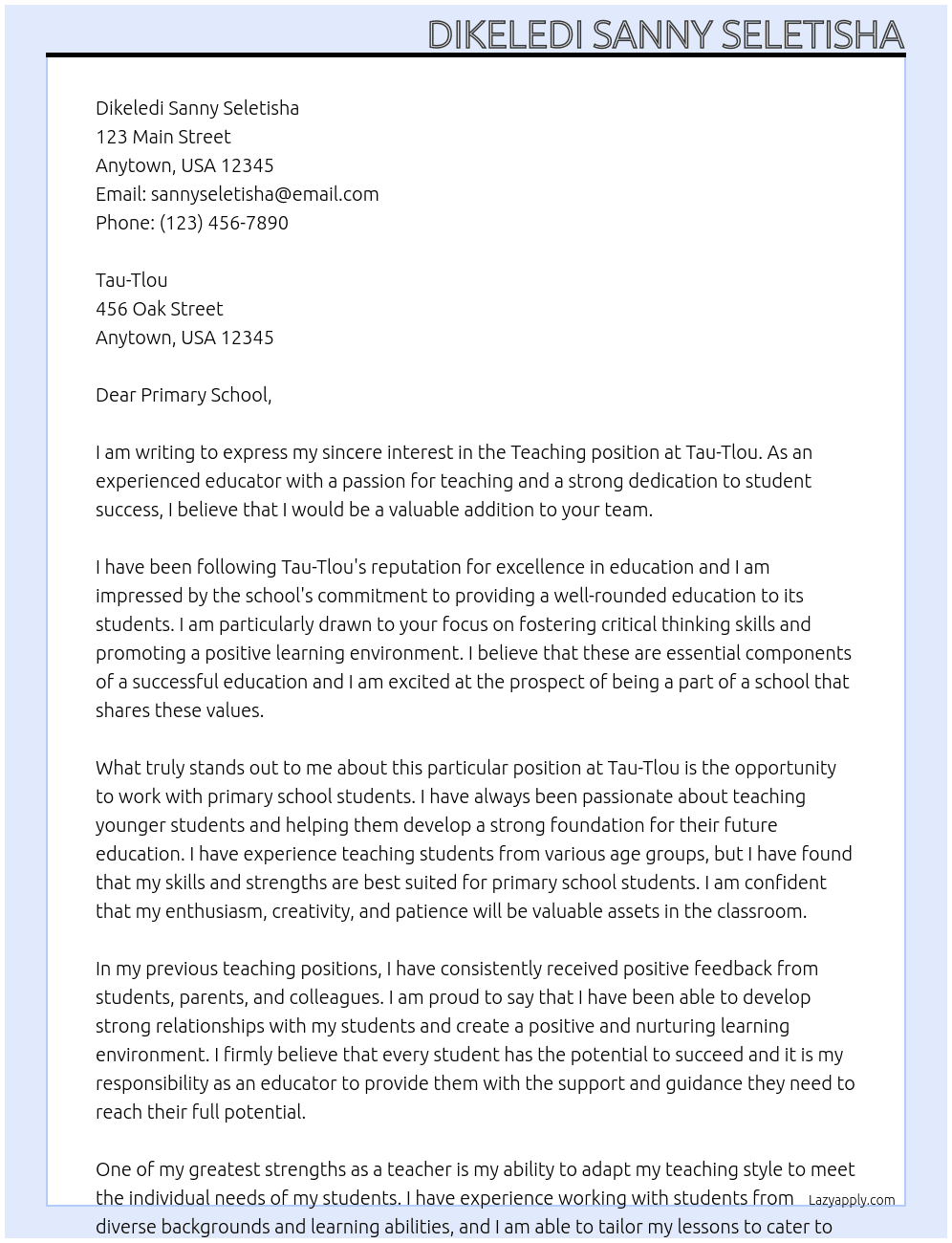 Teaching At Tau-Tlou Cover Letter